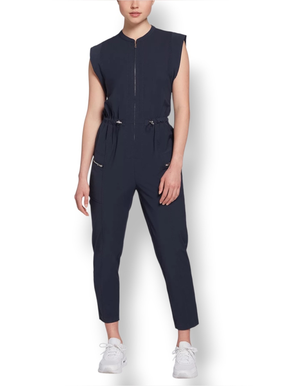 CALIA Slate Blue Sleeveless Utility Jumpsuit Small Zip Front Tapered Leg